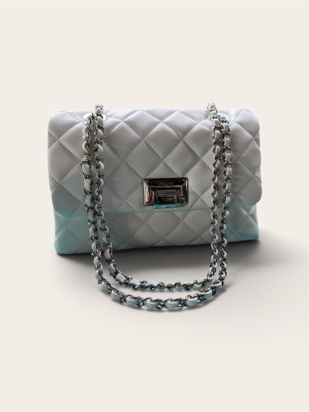 ALDO White Quilted Flap Shoulder Bag Silver Chain Strap Turn Lock